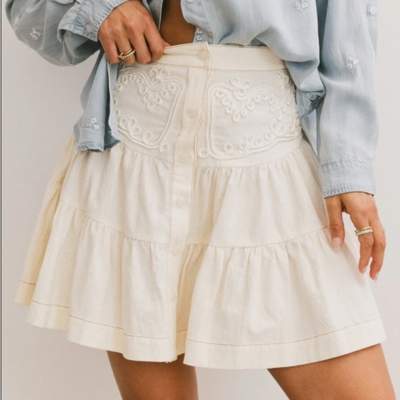 FREE People Cotton Cream Skyler Tiered Mini Skirt Button-Front size 2 - Picture 1 of 14